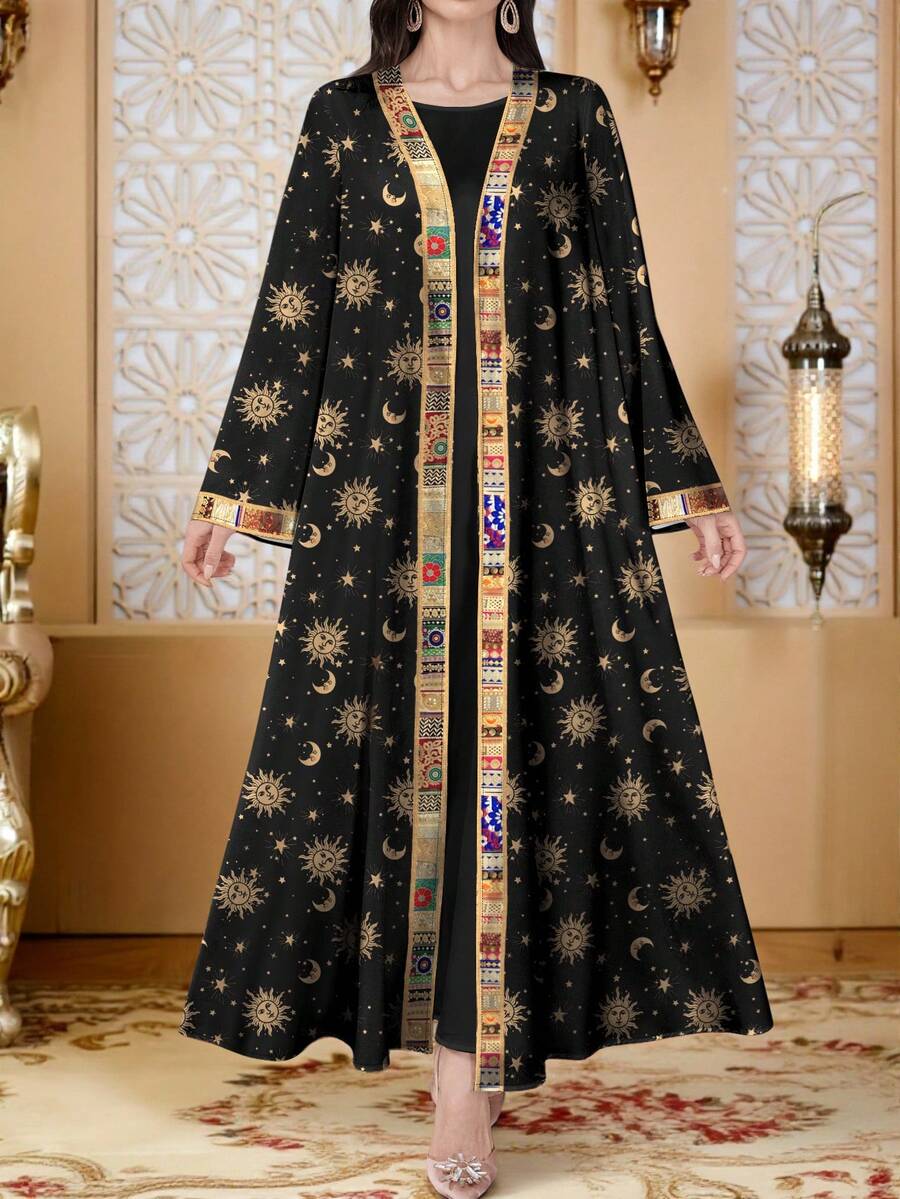 SHEIN Najma Women's Star, Moon, Sun Gold Digital Print Fashionable Cardigan Long Sleeve Casual Arabic Abaya, Spring/Autumn