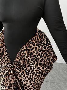 Elenzga Vestido elegante de fiesta de talla grande para mujer con cuello redondo, manga larga, unicolor y estampado de leopardo en el bajo - Negro - Ver 7