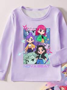 Young Girls Snug Fit  Pajamas-2 Piece Pajama Set Lavender Cartoon Character Crew Neck Long Sleeve Top And Matching Long Pants Sleepwear Set Cute Animated Print Cozy Fit Elastic Waist Ideal For Sleep Party Holiday 2026 New Year Gift Everyday Wear - Purple - View 4