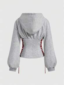 ROMWE Avant Women's Letter Embroidery Cinched Waist Contrast Color Sweatshirt - Light Grey - View 2