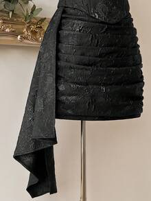 Lovelzi 优雅浪漫时尚黑色提花面料无肩带露肩修身迷你连衣裙，优雅派对礼服，婚礼宾客礼服，黑色鸡尾酒会礼服，单身派对礼服，舞会礼服，宴会礼服 - 黑色 - 查看 3