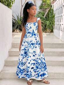 Tween Girls' Vacation Casual Ditsy Floral Backless Dress With Slit - Navy Blue - View 6