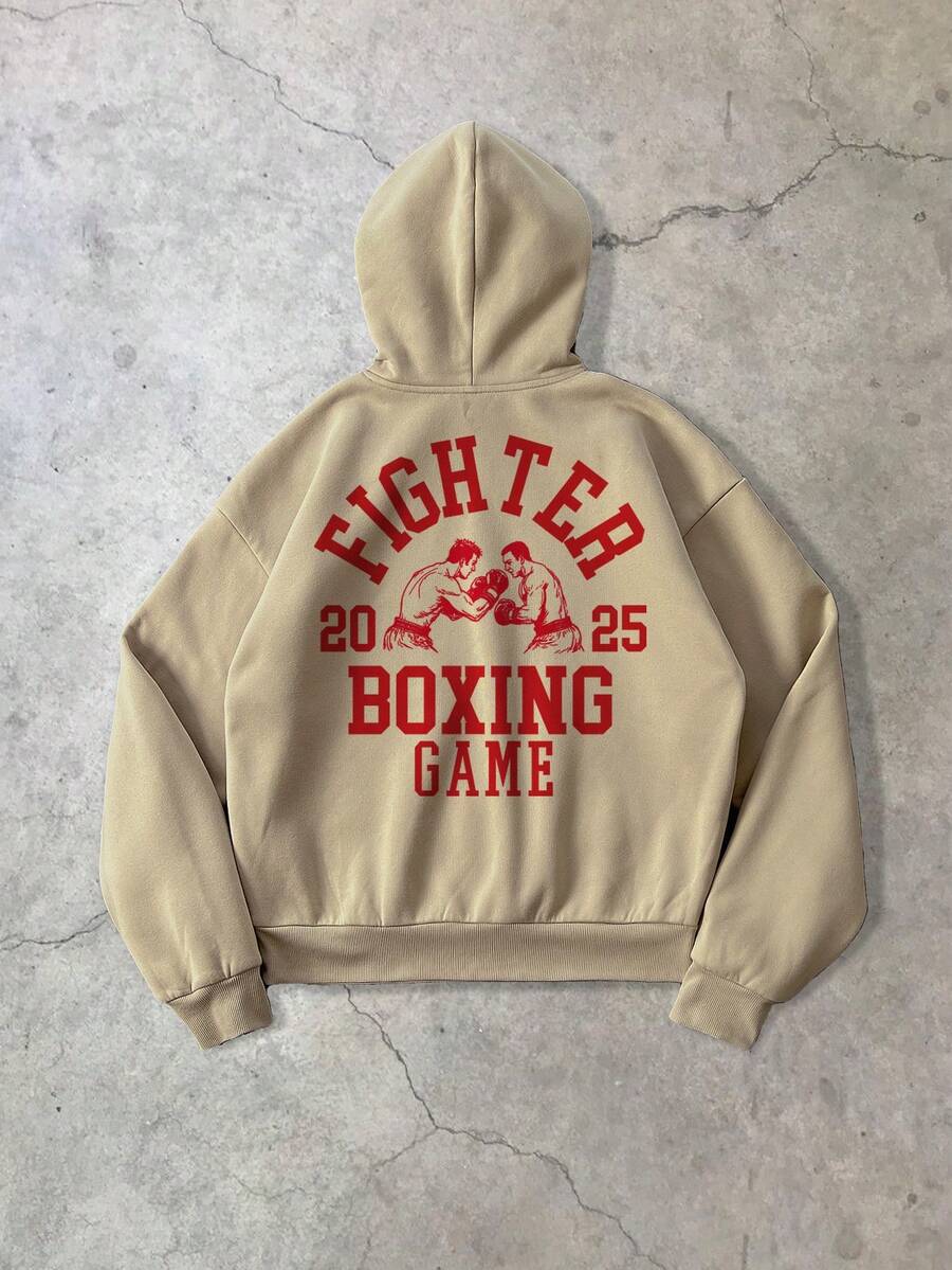 StoneGrade Vintage American Typography Boxing Graphic Casual Loose Fit Pullover Hoodie, Thick Fleece, Khaki, Suitable For Dates, Parties, Couples, Family Matching, Great Gift For Boyfriend