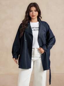 Dazy Plus Jachetă de primăvară/toamnă pentru femei, la modă, casual, cu rever larg, cu șnur, pentru naveta, plus mărime - Albastru marin - Vizualizare 4