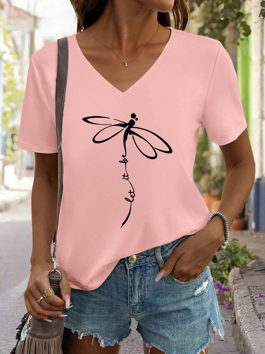 SHEIN EZwear Women's Casual V-Neck Dragonfly Printed Short Sleeve T-Shirt, Summer - Pink - View 1