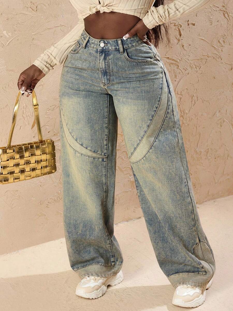 Slaydiva 大码女式宽松口袋阔腿休闲百搭牛仔裤