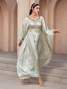 Al Najma 女士金色串珠装饰土耳其长袍和阿拉伯传统长裙 - 金色 - 查看 5