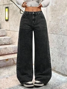 SHEIN 千禧少女休闲水洗灰色高腰宽松直筒牛仔裤，男友风牛仔裤，适合万圣节、秋季、圣诞节等场合，也适合秋冬季返校季穿着，街头复古风，舒适百搭，适合13-16岁女孩，适合上学、居家和旅行，侧边口袋宽松休闲百搭牛仔裤，新年休闲优雅之选。 - 黑色 - 查看 3