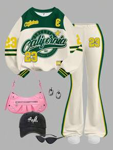 年轻女孩复古美式学院风运动数字23印花圆领长袖卫衣和喇叭裤套装 - 彩色 - 查看 2