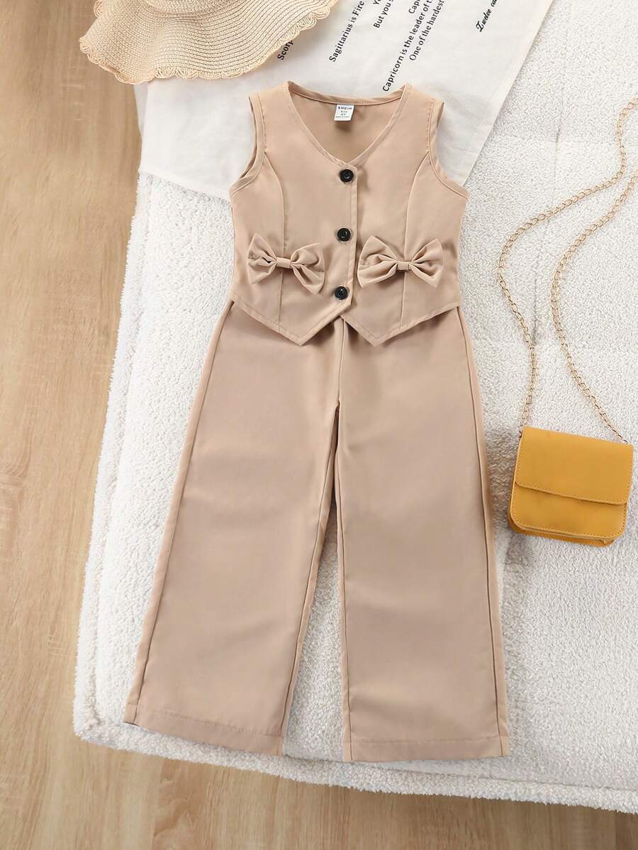 Genkimix Kids 2pcs Beige Camisole With Front Button Bow Decor & Wide Leg Pants Set, Casual Outfit For Daily, Events, Formal, Back To School Young Girls Casual Jumpsuit 2 Piece Outfits Kids Girl Jump Suit Set Girl S Spring And Autumn Suit Girls Spring And Autumn Suit Girl Jumpsuit Set Girl 2 Piece Outfits
