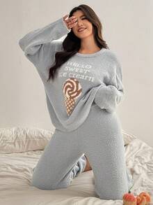 Dazy Plus Plus Size Women Thick Jacquard Letter Pattern Loose Fit Crew Neck Sweater Pants Sleepwear Set, Autumn/Winter - Grey - View 6