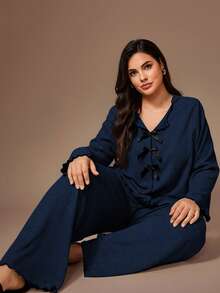 Lazeform Plus Size Women Knitted Ribbed Fleece Bow Decor Ruffle Trim Casual Lounge Set, Long Sleeve Top And Pants - Blue - View 6