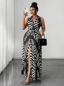 Maweii Plus Size Women Casual Striped Knit Twist Design Dress - Black and White - View 5