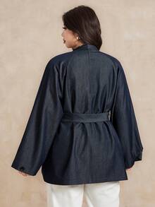 Dazy Plus Jachetă de primăvară/toamnă pentru femei, la modă, casual, cu rever larg, cu șnur, pentru naveta, plus mărime - Albastru marin - Vizualizare 2
