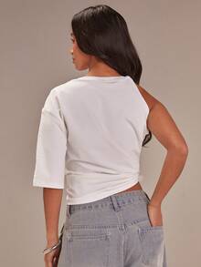 Athîral Women's Round Neck Asymmetrical White Short-Sleeved T-Shirt With Knotted Sleeves, Spring Style. Features Include An Asymmetrical Design, Knotted Sleeves, Loose Fit, Comfortable, Soft Knit Fabric, Suitable For Both Lounging At Home And Going Out,Casual,White Top, White Tops Women - White - View 5