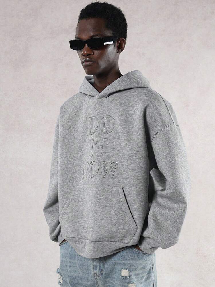 Men's Thickened Grey Letter Patch Hoodie, Autumn/Winter
