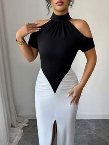 Selianne Summer New Black & White Color Block Design, Sexy High Slit, Off-Shoulder Short Sleeve Ruched Fitted Waist Elegant Dress, Suitable For Party, Gala, Wedding, Valentine's Day - Black and White - View 4