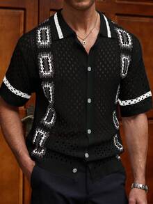 Manfinity RSRT Men's Regular Shoulder Short Sleeve Hollow Contrast Color Front Button Vintage Knit Top - Black - View 4