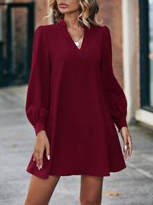 SHEIN Frenchy Đầm dài tay cổ chữ V màu trơn đơn giản dành cho nữ - Màu Đỏ Sâu - Xem 3