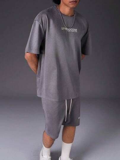 STYNVO 男士极简印花圆领短袖T恤和短裤套装