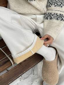 DAZY 女士复古水洗直筒牛仔裤，高腰显瘦，带保暖内衬，秋冬款 - 白色 - 查看 4