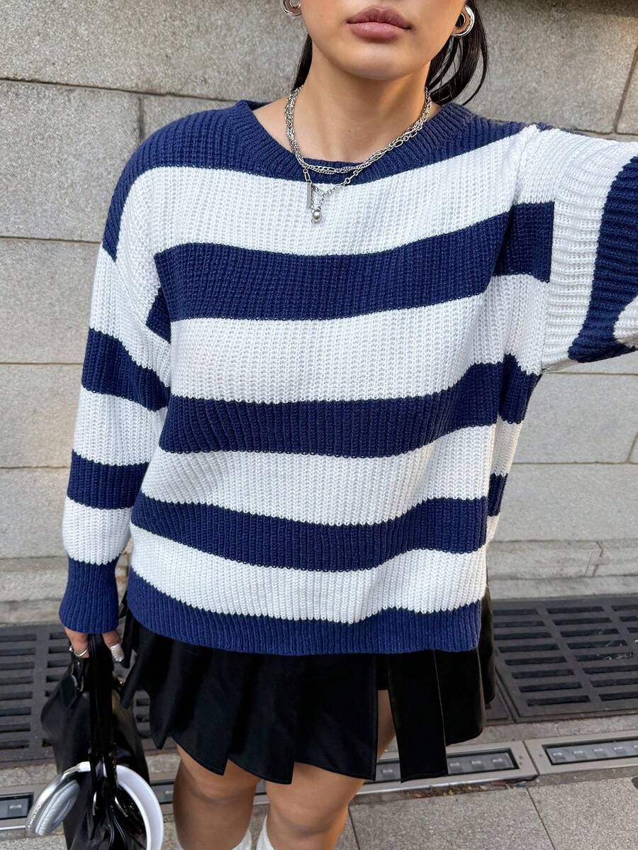 Muchica Plus Size Casual Colorblock Striped Sweater, Autumn/Winter