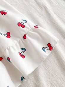 SHEIN Vintaside Kids 1件女童优雅樱桃印花圆领荷叶袖露背蝴蝶结装饰腰部荷叶边下摆休闲连衣裙，适合度假旅行，夏季 - 紅色 - 查看 5