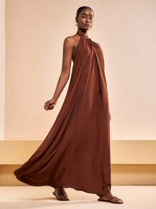 Zivah 2026春夏新品，适合情人节、音乐节、复活节、西部风、游牧风、波西米亚风、纳什维尔风、派对、婚礼、晚宴、约会、聚会、生日、学院风、学生装、日常休闲、百搭基础款、休闲、度假、邮轮旅行、海滩、日光浴、潮流、优雅、通勤、商务休闲等场合。小立领系带，性感露背，前交叉褶裥，宽松A字长裙，棕色长裙，休闲长裙，度假长裙，女士长裙 - 棕色 - 查看 5