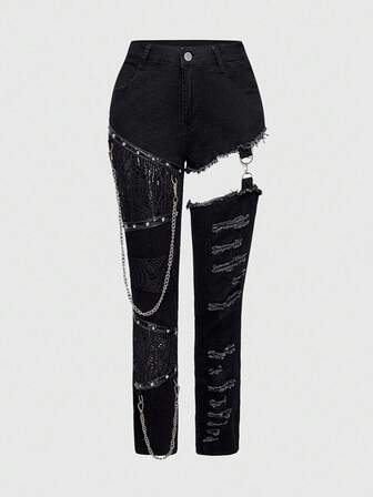 Goth Jeans skinny taglie forti, stile gotico punk, con decorazioni a catena e rivetti, effetto patchwork e consumato