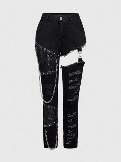 Goth Jeans skinny taglie forti, stile gotico punk, con decorazioni a catena e rivetti, effetto patchwork e consumato