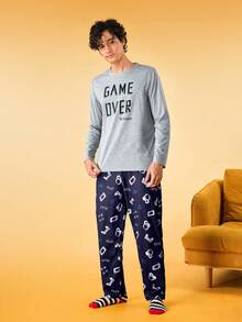Notgurli 男士字母印花长袖衬衫和全印花长裤睡衣套装，舒适优雅的细节设计，秋冬服装 - 淺灰色 - 查看 3