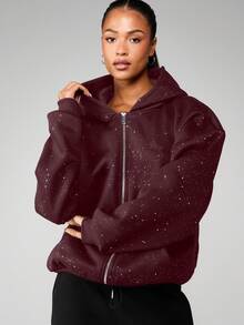 MISSGUIDED 闪亮装饰连帽拉链宽松休闲卫衣，适合秋冬季居家穿着 - 酒紅色 - 查看 4