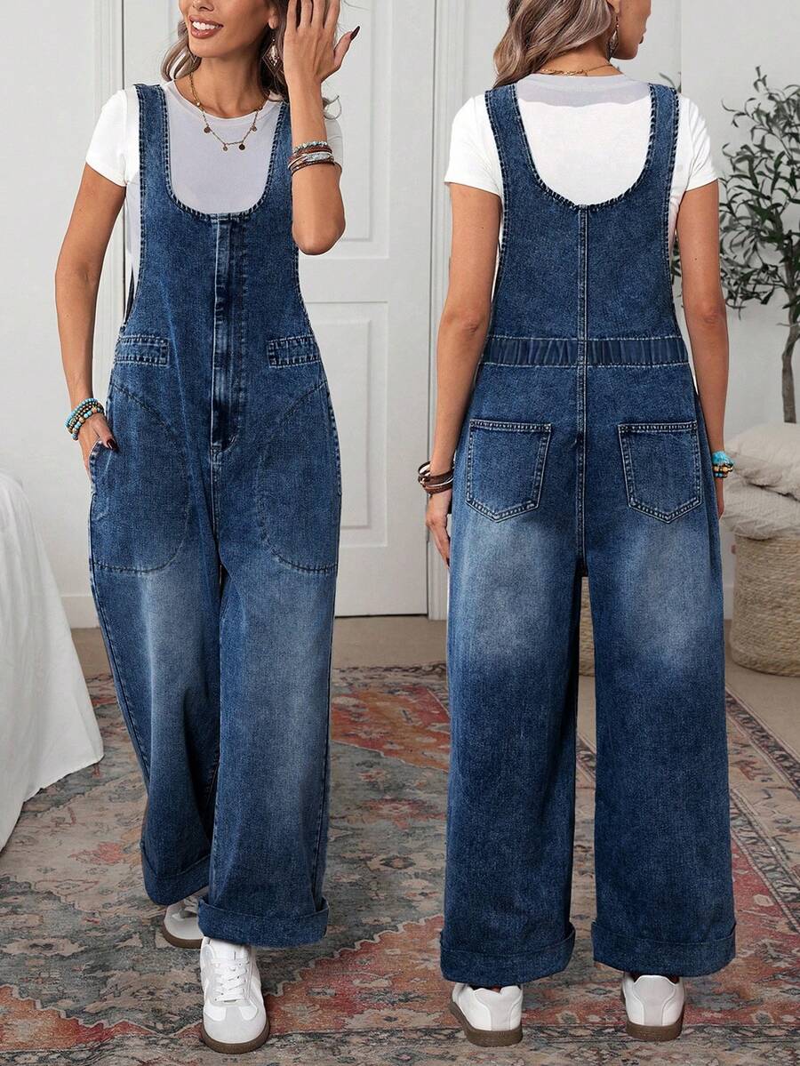 EMERY ROSE 大码女式宽松休闲牛仔连体裤，带口袋 - 霧霾藍 - 查看 1