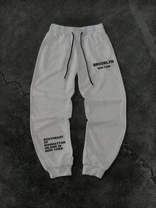 Manfinity Homme 宽松男士标语印花抽绳腰带运动裤 印花宽松灰色运动裤 男士字母印花弹力裤 - 淺灰色 - 查看 1