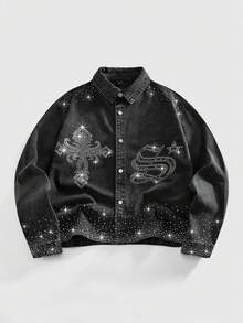 ROMWE MEN Men's Cross Rhinestone Embellished Single-Breasted Denim Jacket - Black - View 1