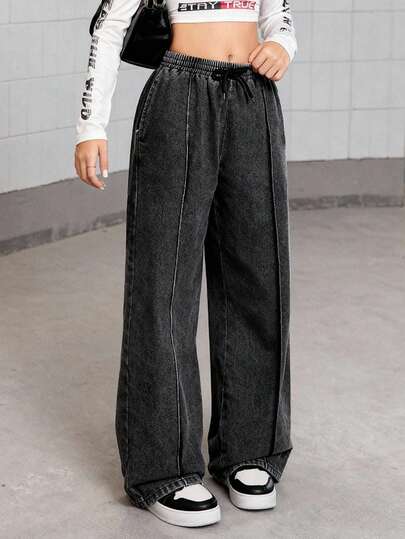 1pc Tween Girl Black Patchwork Straight Leg Jeans, Loose Fit Elastic Waist With Drawstring, Casual & Fashionable For School, Spring/Autumn/Winter. Classic Black Color, Comfortable Fabric, Easy To Wear And Take Off. Straight Leg Design Flatters The Legs And Shows A Silhouette, Suitable For Various Body Types. Versatile And Durable, Perfect For Outings, School, Or Everyday Wear To Create A Youthful, Energetic Look!