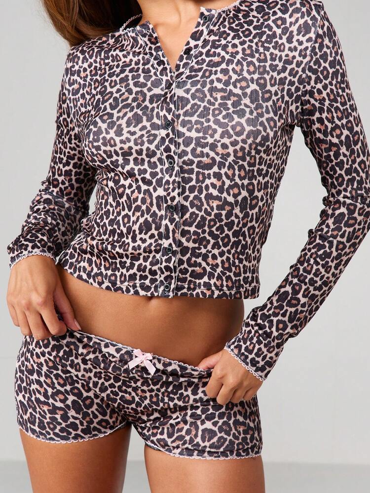 MISSGUIDED Leopard Print Pointelle Knit Cardigan Button Front Top With Matching Shorts Lounge Set Relaxed Fit Pajama Coordinating Sleepwear Two Piece Outfit