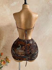 Soleia 女士性感复古图案网纱深V领串珠装饰紧身迷你连衣裙，适合节日派对、圣诞节、约会之夜、夜店、波西米亚风、度假、秋季等场合。 - 彩色 - 查看 2