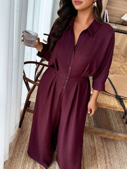Weeklong Plus Size Women's Shirt Collar Jumpsuit With Ruffle Cuff, Waist Cinched, Casual & Office Wear, Spring/Summer