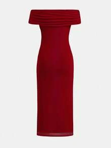 SHEIN 少女红色优雅露肩褶皱网纱修身连衣裙，派对连衣裙