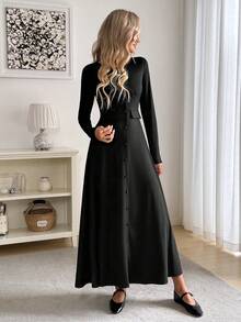 Easowa 巧克力棕色休闲宽松优雅通勤复古风长袖连衣裙，圆领，纽扣前襟，后背系带蝴蝶结，A字裙摆 - 黑色 - 查看 5