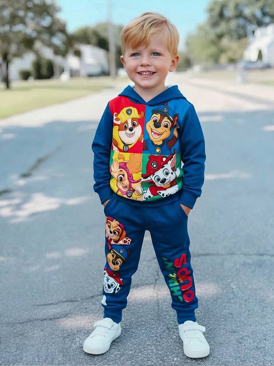 SHEIN | PAW Patrol 2 件套小男孩卡通可爱小狗拼布印花长袖连帽运动衫和运动裤针织户外休闲运动服套装，秋冬
