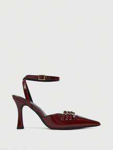 CUCCOO SZL Women's Fashion Versatile Commuter Buckle Pointed Toe Pumps For Christmas - Burgundy - View 4