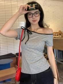DAZY Women's Asymmetrical Shoulder Tie Strap Short Sleeve Polka Dot Print Casual T-Shirt Spring - Grey - View 5