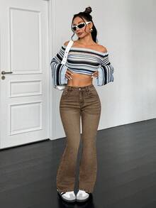SHEIN PETITE 女士时尚口袋喇叭裤 - 咖啡棕 - 查看 6