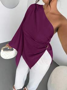 Firerie Áo kiểu nữ cỡ lớn thanh lịch, thời trang mới, thích hợp cho kỳ nghỉ, đi làm, đi chơi, mặc hàng ngày, một vai, tay dài, eo nhún bèo, trang trí kim loại, màu vàng/Ngày lễ tình nhân/Buổi hòa nhạc/Biểu diễn/Hẹn hò/Tiệc tối trang trọng/Tiệc chiêu đãi/Mùa cưới/Quyến rũ/Duyên dáng/Đi làm/Trở lại trường học/Kỳ nghỉ/Bãi biển/Phong cách lãng mạn/Nữ hoàng công sở/Phong cách nàng tiên cá/Tiệc sinh nhật/Ngày lễ tình nhân/Ngày lễ tình nhân dành cho phụ nữ - Màu đỏ tím - Xem 5
