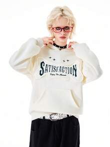 Bloopia 女士休闲时尚街头风字母星形刺绣恶魔角设计连帽保暖卫衣，秋冬款 - 白色 - 查看 4