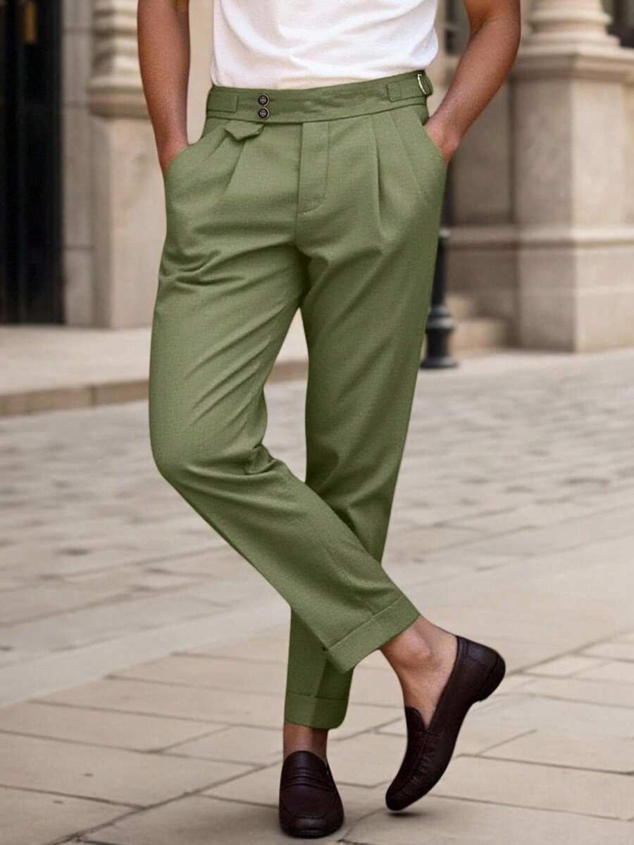 Manfinity Mode Men Buckled Detail Slant Pocket Suit Trousers - Olive Green - View 1