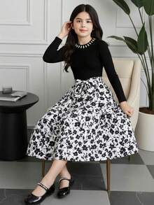 SHEIN Tween Girl Mandarin Collar Raglan Puff Sleeve Casual Floral Patchwork Print Dress - Black - View 7