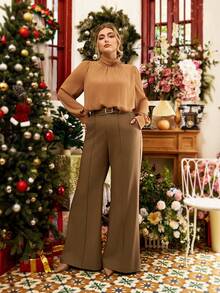 VOLUPTÉ CURVE Áo kiểu vintage thanh lịch cỡ lớn cho mùa xuân, chất liệu chiffon nhẹ, màu nâu, cổ cao, tay dài, dáng rộng, tay phồng, thắt eo, xẻ tà sau, dài đến đầu gối, đa năng cho tiệc tùng, hẹn hò, đi làm, công sở, dạo phố. - màu xanh lá - Xem 2